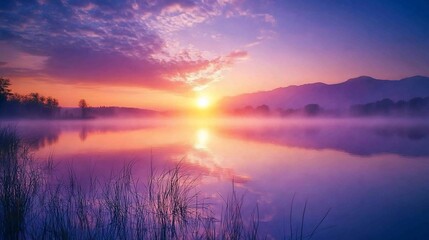 Obraz premium A vibrant sunrise casts a warm glow over a misty lake, illuminating the silhouette of distant mountains.
