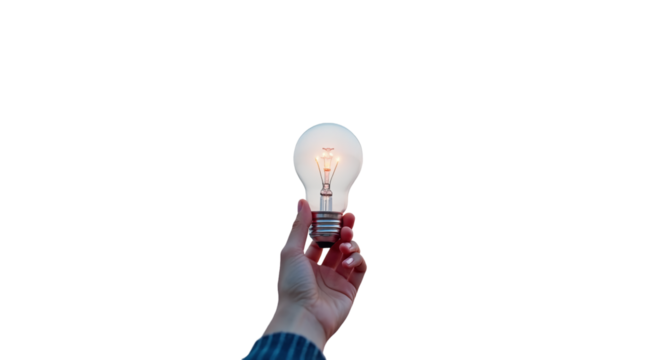 Conceito de criatividade e ideias com lâmpada na mão em fundo transparente