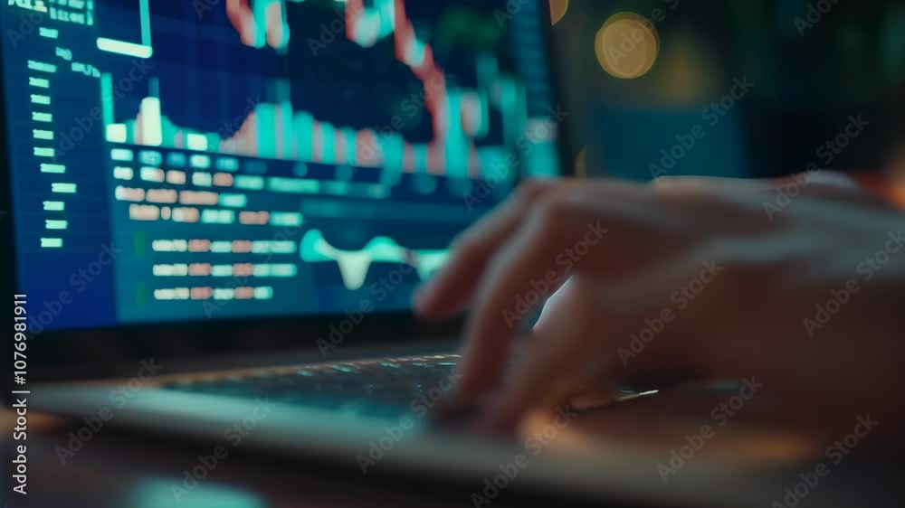 Poster close up of hand typing on laptop keyboard analyzing cryptocurrency bitcoin price chart, monitoring 