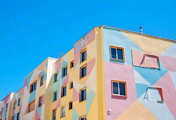 Obraz premium A building's exterior is adorned with colorful geometric shapes against a blue sky.