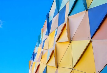 A building's exterior is adorned with colorful geometric shapes against a blue sky.