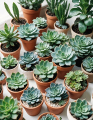 Fototapeta premium Various succulent plants in terracotta pots, including rosette-shaped echeveria and other green and blue-green succulents