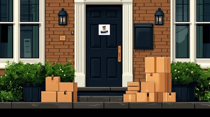 Naklejka premium Delivery boxes at the doorstep of a modern brick house, urban setting.
