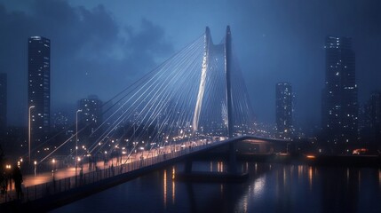 Fototapeta premium A modern bridge with people walking across it at night with a cityscape in the background.