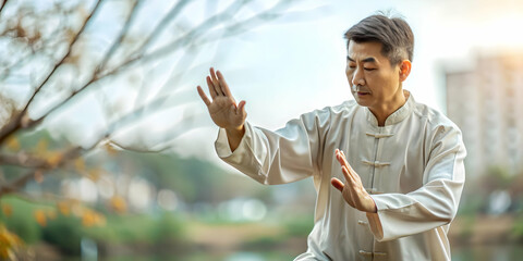 Candid Shot Individual Insight Practicing Tai Chi Tranquil Park Space Concept Capture Epiphany Moment Ideal for Advertisements Magazine Covers Photo Stock