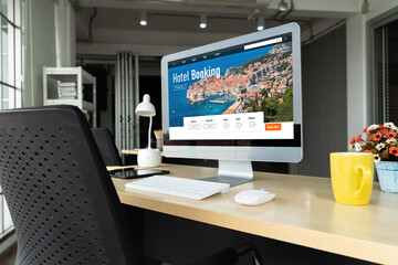 Naklejka premium Online hotel accommodation booking website provide modish reservation system . Travel technology concept .