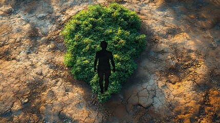 A hockey player-shaped forest on dry ground, representing the role of sports in promoting environmental awareness and sustainability