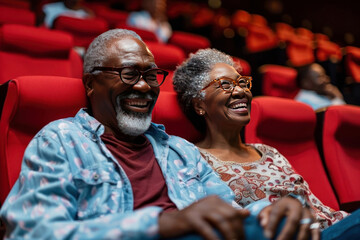 Obraz premium A joyful couple enjoying a movie, smiling and embraced, sitting in a theater with red seats
