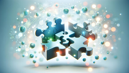 3D Abstract Digital Puzzle Pieces Connecting Bokeh Background, Floating Icons, Problem Solving Integration, Strategic Planning Concept for Digital Marketing - Copy Space for Branding Available