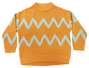 Girls Women Wool Sweater Winter Casual Thick Chevron Sweaters and Colorful Striped Colorblock Male Pullover Long Sleeve O-Neck Jumper Knitted Tops. Top Front Closeup View on Isolated Brown Background.