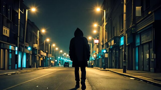 A solitary figure walks down a deserted street at night, illuminated by streetlights.