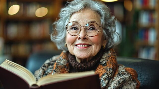 Elderly woman enjoying a book in a cozy library on a quiet afternoon