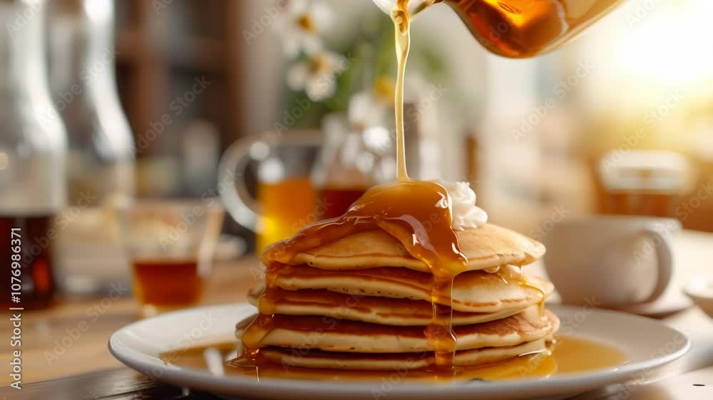 Poster maple syrup pouring from a glass pitcher onto a stack of pancakes topped with whipped cream, creatin