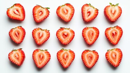 Halved Strawberries Arranged in Rows on a White Background