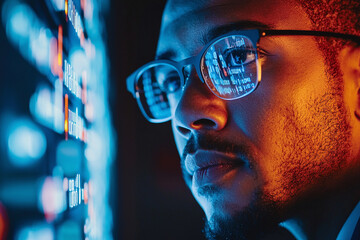 A close-up of a cybersecurity professional examining encrypted data on a laptop screen.