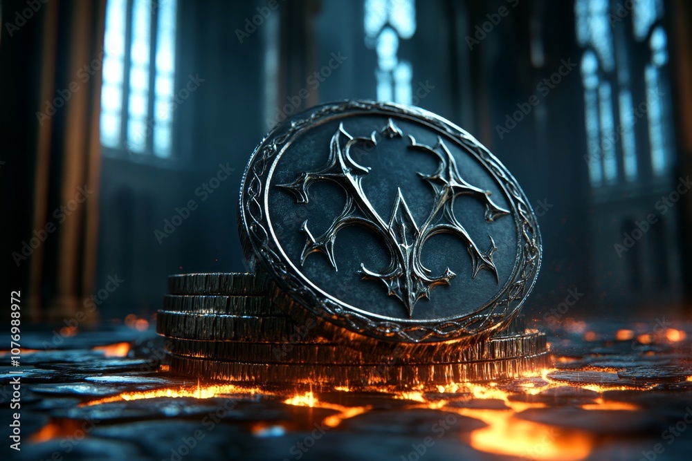 Poster A dark, gothic coin stack with intricate designs, surrounded by shadows and mysterious elements
