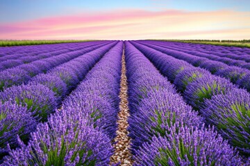 Obraz premium A field of purple lavender stretching out under a pastel pink and blue sunset sky