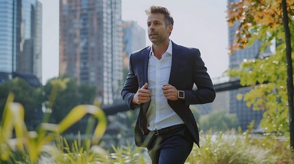 A businessman jogging in a city park, wearing smart fitness gear that monitors his health metrics and displays real-time workout progress on a digital wristband.