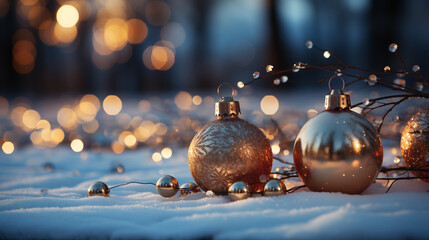 Obraz premium Festive Gold Baubles on Snow with Dreamy Holiday Lights