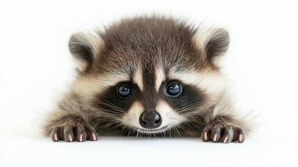 Fototapeta premium Adorable Young Raccoon with Big Eyes and Soft Fur Lying Down on White Background, Perfect for Animal Lovers and Wildlife Photography Projects
