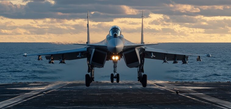Dramatic Low-Angle View of Sukhoi Su-33 Military Jet Landing on Aircraft Carrier at Sunrise - Power, Majesty, Defense Preparedness