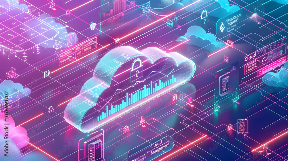 Poster a colorful image of a cloud with a lock on it. the lock is surrounded by a red line.