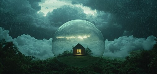 Fototapeta premium Enchanted Shelter Tranquil House in Protective Bubble Amidst Rainstorm
