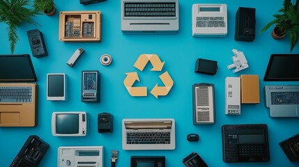 Fototapeta premium A Colorful Flat Lay of Vintage Electronics and Gadgets Arranged Around a Central Recycling Symbol on a Bright Blue Background