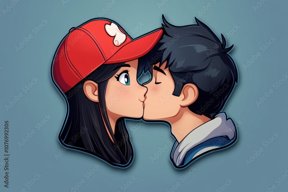 Aufkleber a pixel art kiss between two characters with cute, blocky features, in retro game style against a si