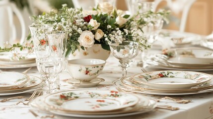 Fototapeta premium Elegant dining table arrangement, beautifully set with exquisite tableware, adorned with a stunning floral centerpiece, perfect for a special celebration or gathering.