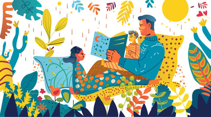 Family reading together on sofa surrounded by plants colorful scene with father mother child bright foliage abstract shapes modern design