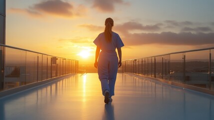 Fototapeta premium Rooftop Sunset Walk Healthcare Worker City View Peaceful Evening