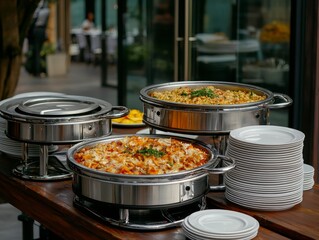 Elegant Buffet Table Setup with Silver Chafing Dishes in Festive Restaurant Ambiance