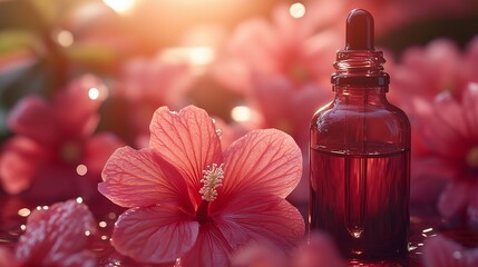 Delicate Pink Hibiscus Flowers Surrounding a Glass Dropper Bottle with Natural Oil in a Soft Sunlit Background for Organic Beauty and Wellness Concepts