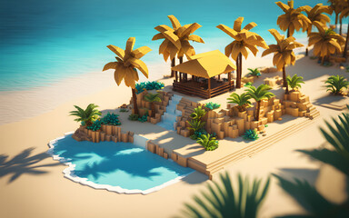 Fototapeta premium Voxel art tropical island with vibrant palm trees