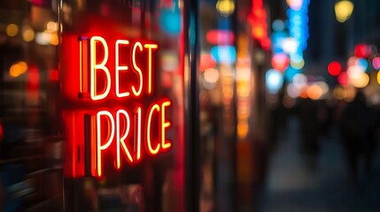 Neon Lit Downtown Store Window Showcasing Vibrant Price Discount
