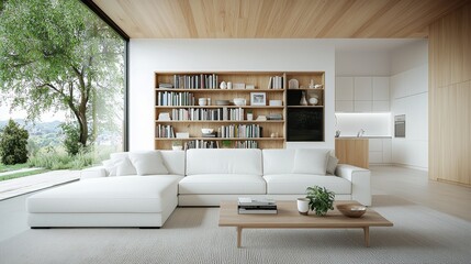 Fototapeta premium Serene Modern Living Room Oasis with White Sectional Sofa, Tranquil Outdoor View, Contemporary Design - Interior Harmony Concept