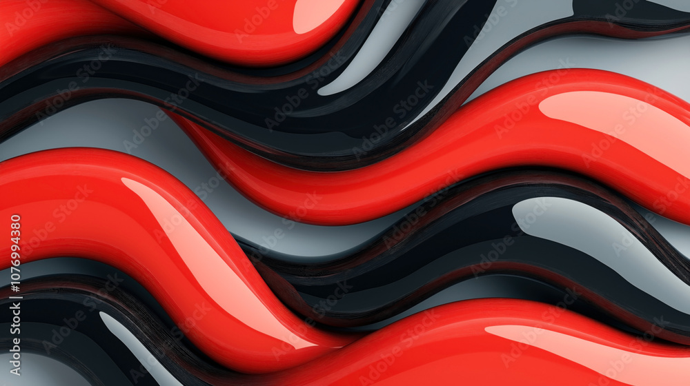 Wall mural abstract 3d illustration featuring flowing glossy red and black wavy shapes creating dynamic pattern