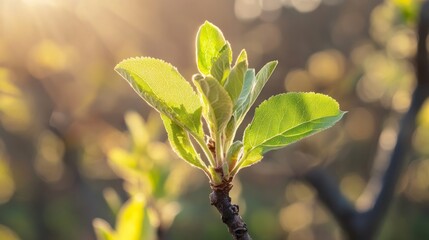 Obraz premium Spring orchard transformation, vibrant green leaves sprouting, new fruits beginning to grow under the sun