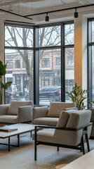 Fototapeta premium Modern waiting area with large windows overlooking a city street.