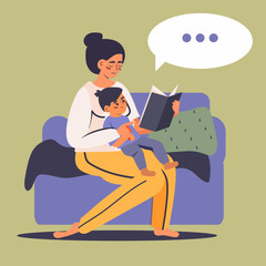 Mother reading to child on sofa family bonding cozy home scene colorful characters speech bubble minimalist background