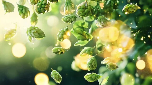 Sunlight filtering through fresh green hops in a field, nature concept.