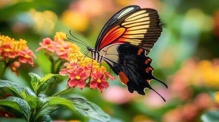 Butterfly Haven, a vibrant garden teeming with diverse butterfly species, showcasing intricate wing patterns as they rest gracefully on colorful blossoms.