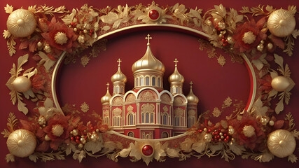 Obraz premium Russian Orthodox Christmas Background, Red and Gold Floral Motifs, Rectangular Frame, 3D Pattern with Copy-Space.