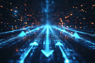 Obraz premium Futuristic raise arrow chart digital transformation abstract technology background. Big data and business growth currency stock and investment economy