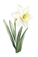 Blooming Daffodils in Watercolor. Spring Flora with Yellow Blossoms on White Background