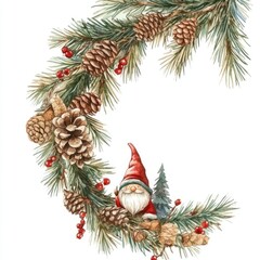 Charming Christmas Woodland Collection. Watercolor Illustrations of Decorations, Gnome, and Christmas Tree in Scandinavian Style for Vintage Holiday Card or Background