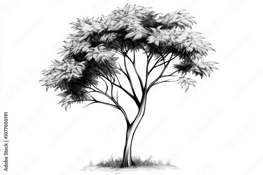 Poster minimalist line drawing of a tree with simple, clean lines, capturing the essence of nature on a whi