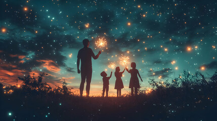 Obraz premium 3D Glossy Background Family Holding Sparklers Night Dark Copy Space Sky Family Celebrations Holidays Events Family Joy Connection Ideal for Ads
