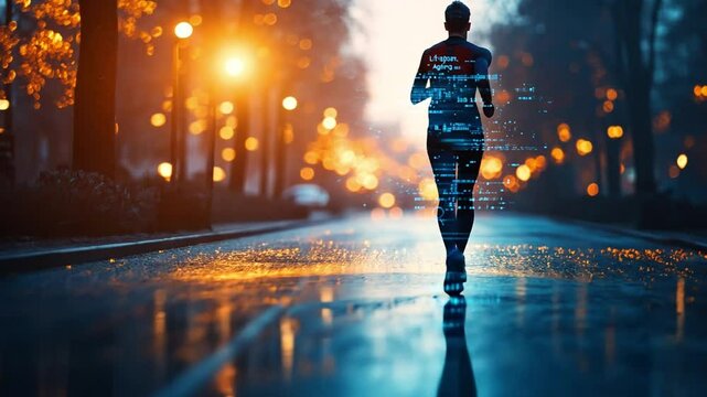 A runner enjoys a serene morning jog along a illuminated path in a vibrant urban park landscape